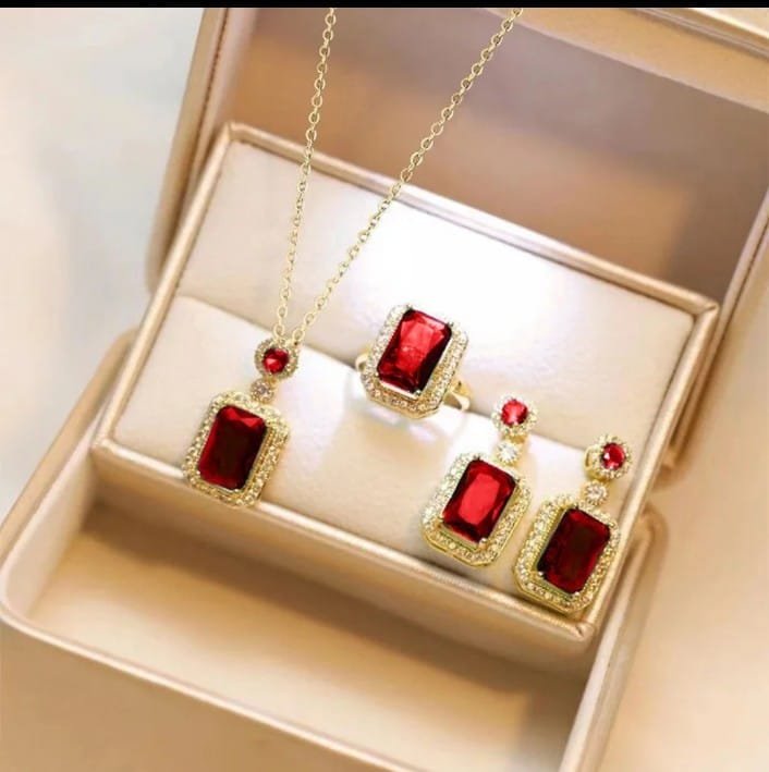 Red stone 3pcs pendent, earring and Finger ring All together in one set