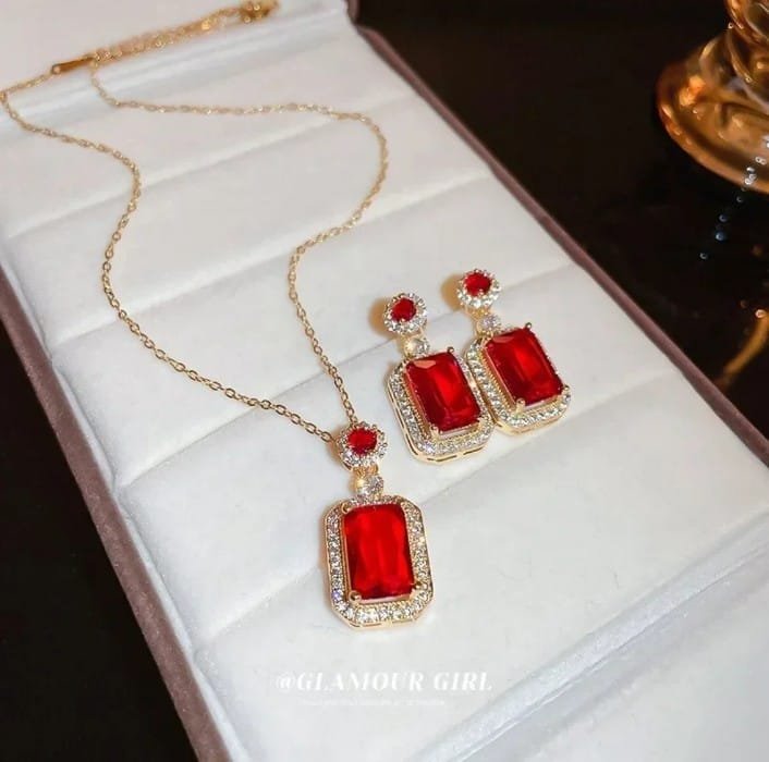 Red stone 3pcs pendent, earring and Finger ring All together in one set