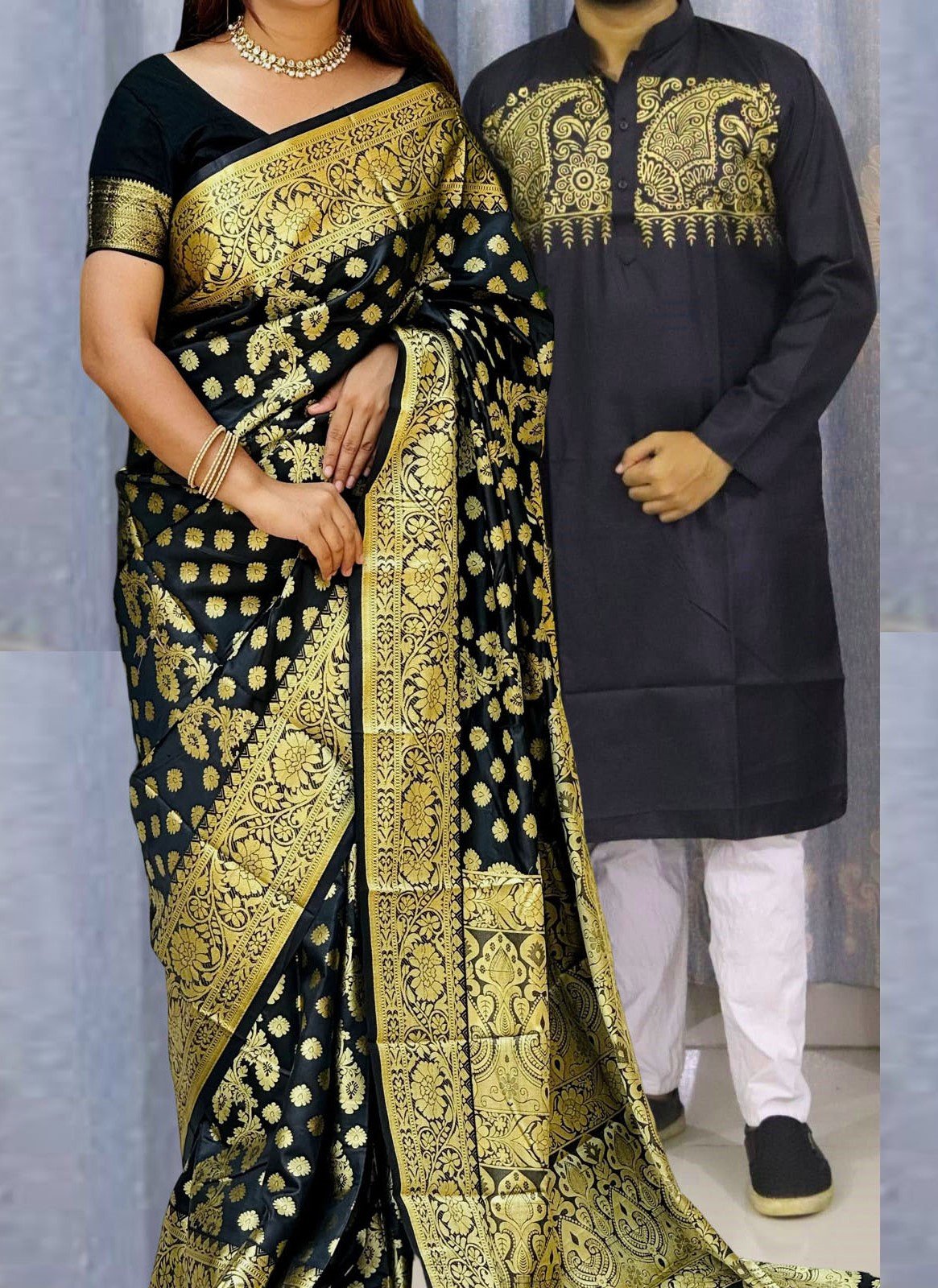 প্রিমিয়াম মানের কাতান শাড়ি(কাপল ড্রেস)