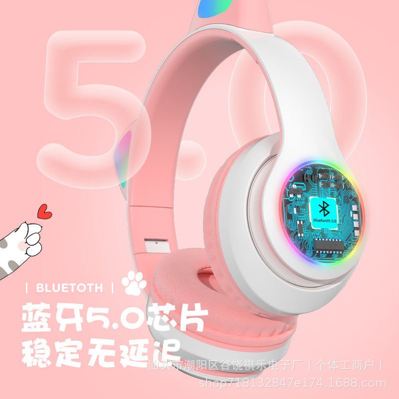 Gradient Color Bluetooth Headphones Noise Cancellation Headsets RGB Cute Cat Ear - Image 3