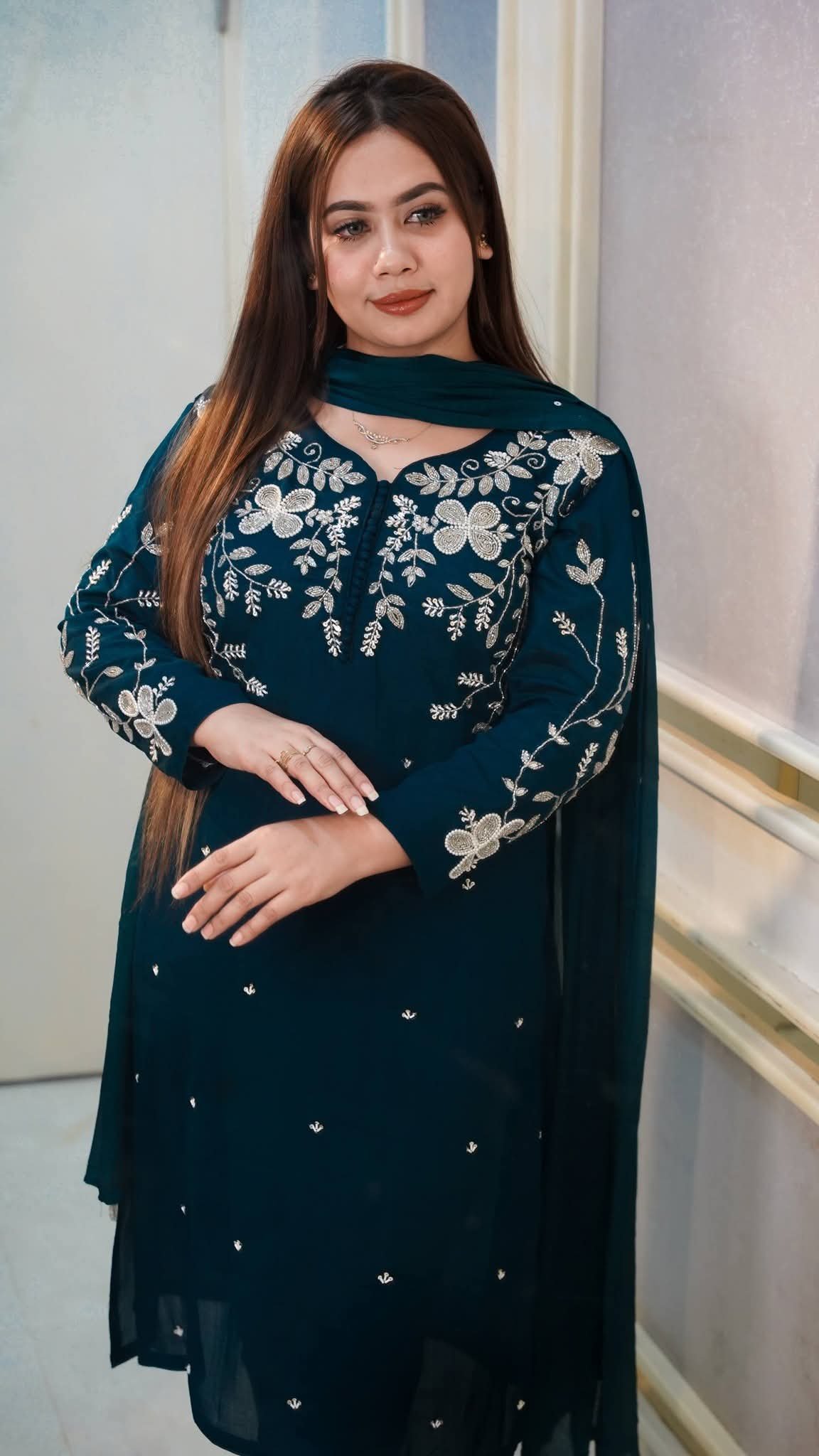 প্রিমিয়াম রেয়ন কটন এমব্রয়ডারি থ্রি-পিস সেট