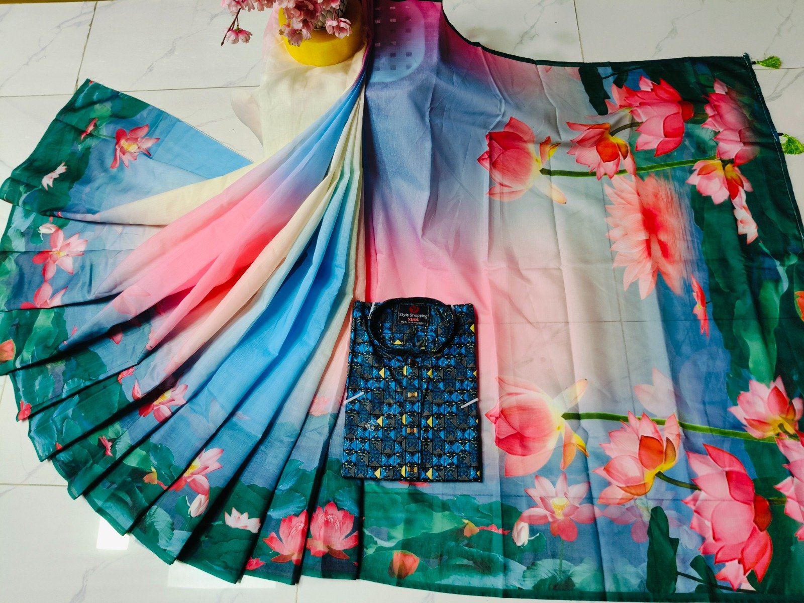 চান্দুরী ডিজিটাল প্রিন্টের শাড়ি এবং পাঞ্জাবি কাপল ড্রেস