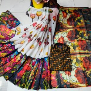 চান্দুরী ডিজিটাল প্রিন্টের শাড়ি এবং পাঞ্জাবি কাপল ড্রেস