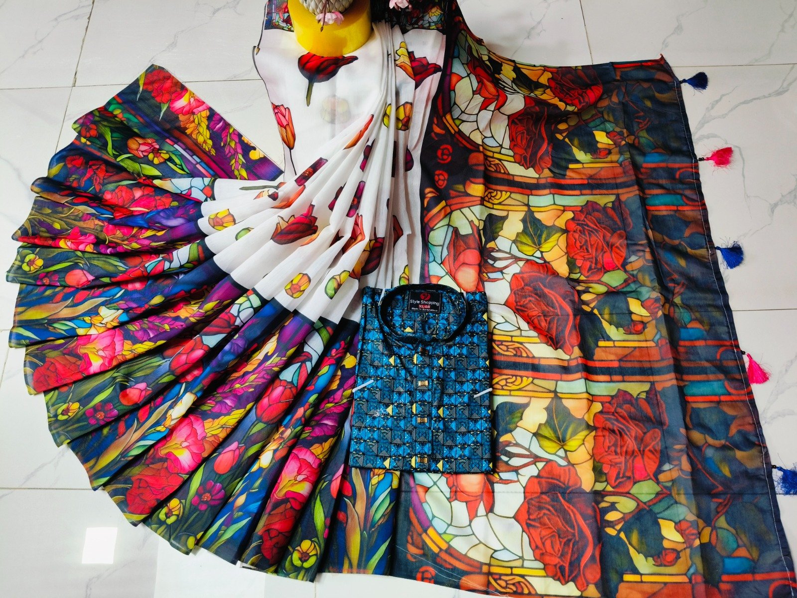 চান্দুরী ডিজিটাল প্রিন্টের শাড়ি এবং পাঞ্জাবি কাপল ড্রেস