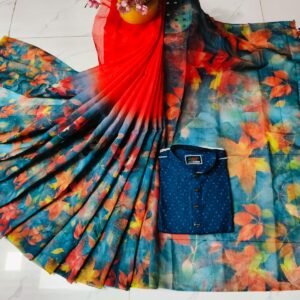 চান্দুরী ডিজিটাল প্রিন্টের শাড়ি এবং পাঞ্জাবি কাপল ড্রেস