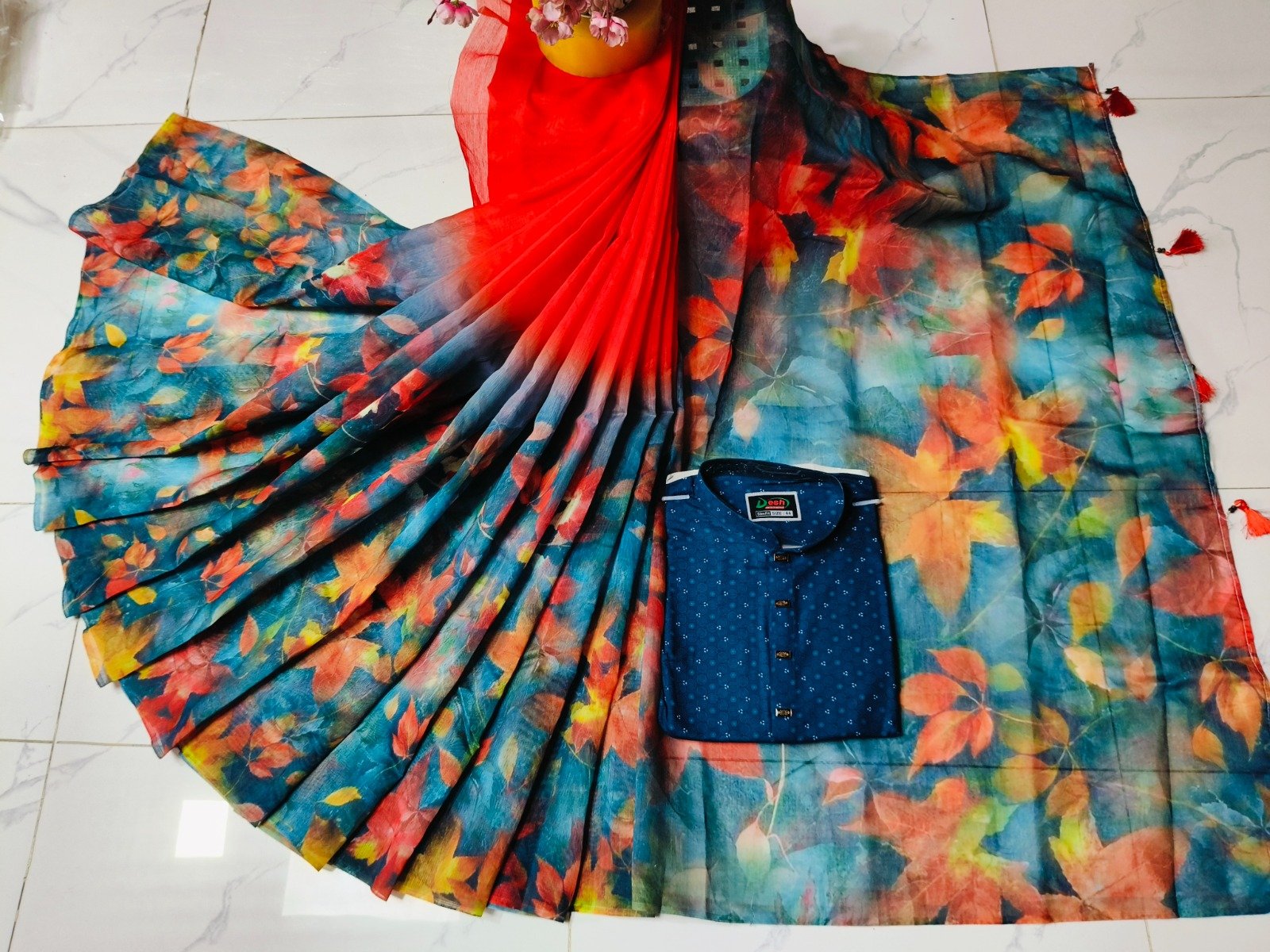 চান্দুরী ডিজিটাল প্রিন্টের শাড়ি এবং পাঞ্জাবি কাপল ড্রেস