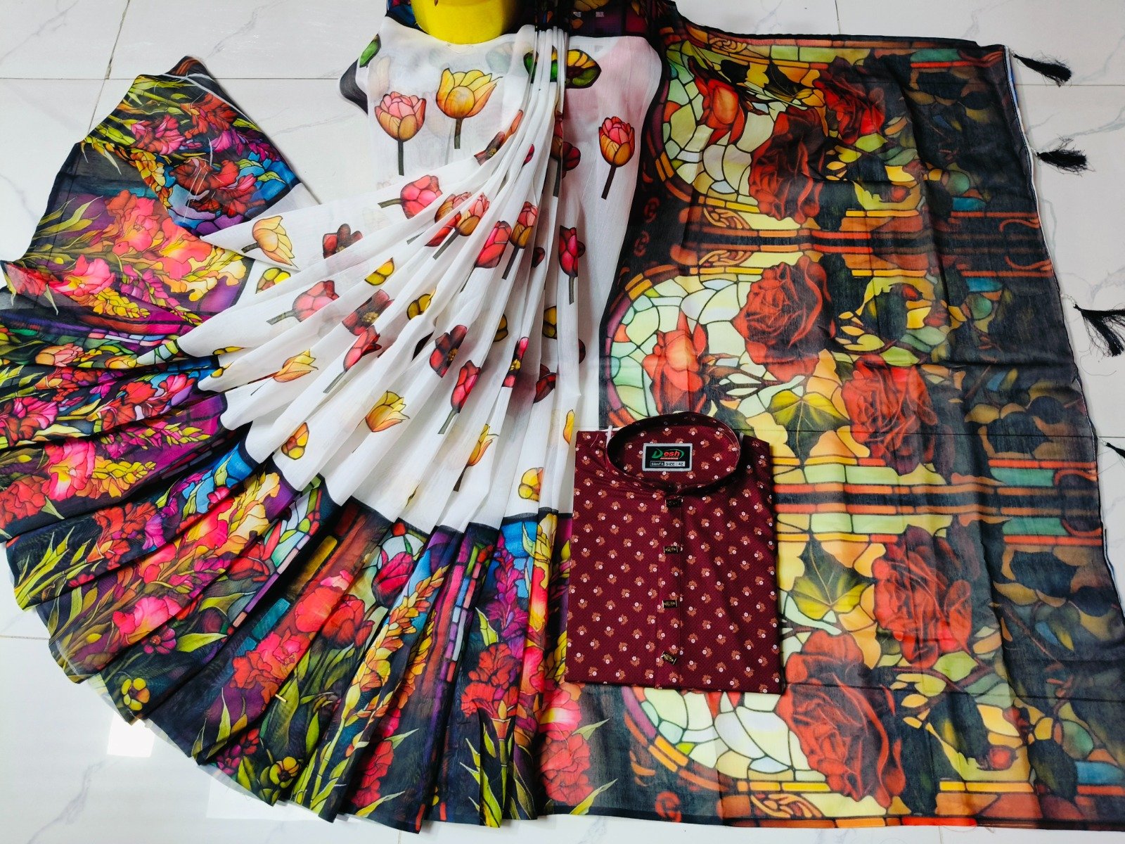 চান্দুরী ডিজিটাল প্রিন্টের শাড়ি এবং পাঞ্জাবি কাপল ড্রেস