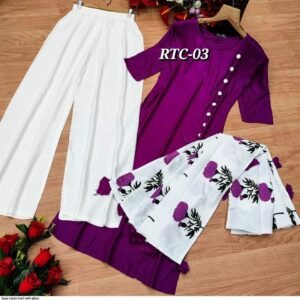 🌸 এক্সক্লুসিভ রেয়ন কুর্তি ও প্লাজো সেট (৩-পিস) 🌸